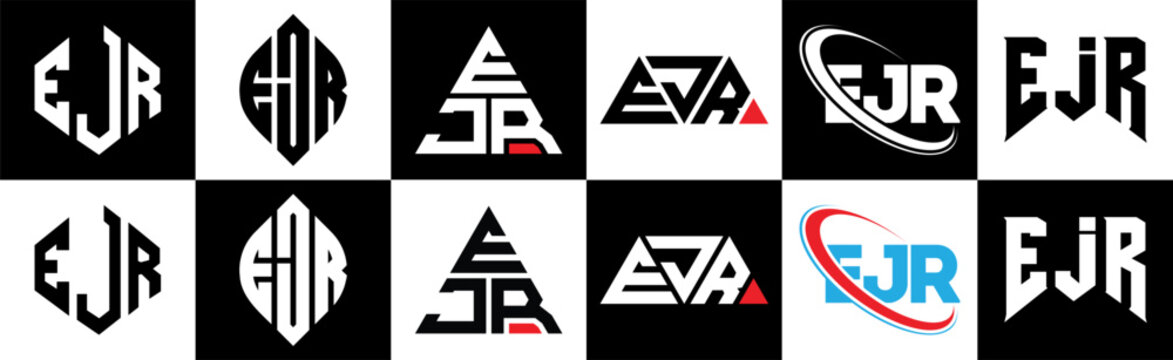 EJR letter logo design in six style. EJR polygon, circle, triangle, hexagon, flat and simple style with black and white color variation letter logo set in one artboard. EJR minimalist and classic logo