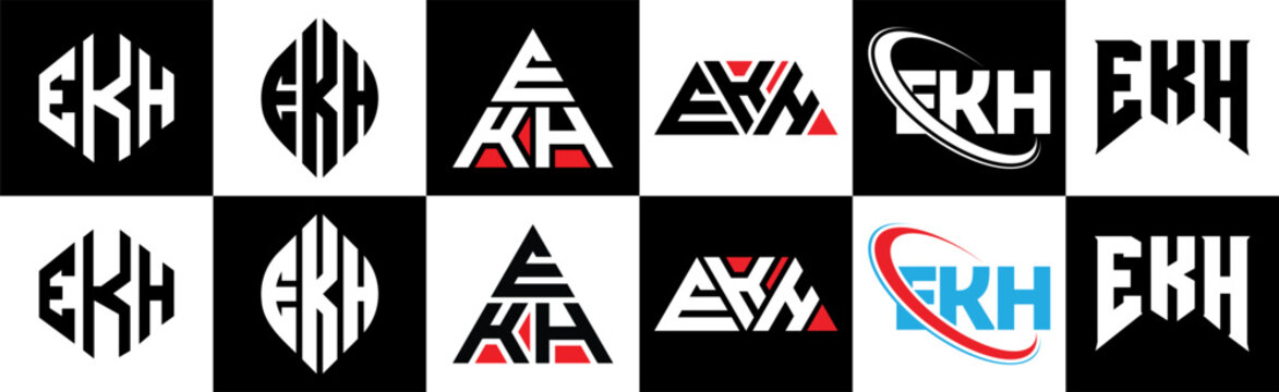 EKH letter logo design in six style. EKH polygon, circle, triangle, hexagon, flat and simple style with black and white color variation letter logo set in one artboard. EKH minimalist and classic logo