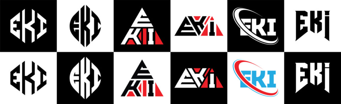 EKI letter logo design in six style. EKI polygon, circle, triangle, hexagon, flat and simple style with black and white color variation letter logo set in one artboard. EKI minimalist and classic logo