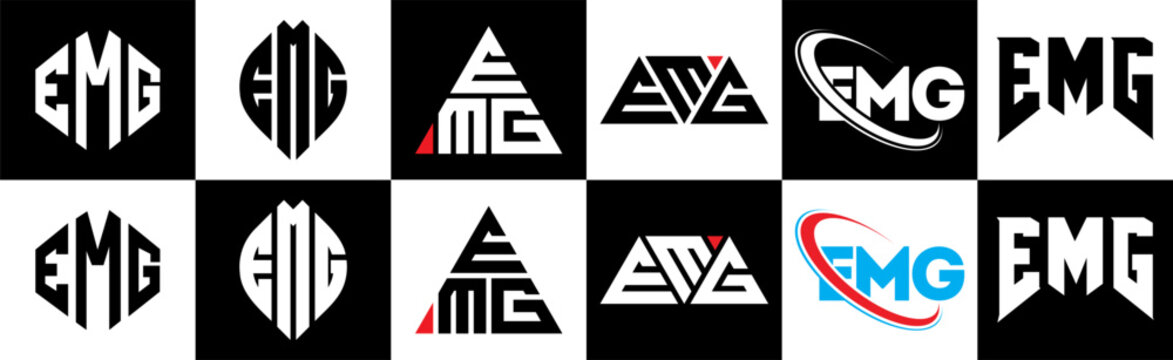 EMG letter logo design in six style. EMG polygon, circle, triangle, hexagon, flat and simple style with black and white color variation letter logo set in one artboard. EMG minimalist and classic logo