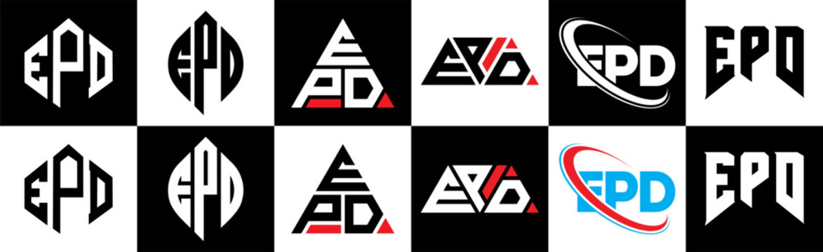 EPD letter logo design in six style. EPD polygon, circle, triangle, hexagon, flat and simple style with black and white color variation letter logo set in one artboard. EPD minimalist and classic logo