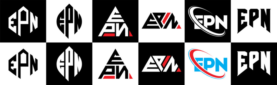 EPN letter logo design in six style. EPN polygon, circle, triangle, hexagon, flat and simple style with black and white color variation letter logo set in one artboard. EPN minimalist and classic logo