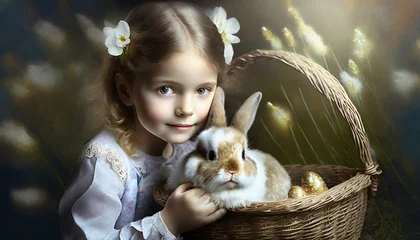 Fotobehang Dziewczynka z króliczkiem. Portret. Wielkanoc, wiosna © Monika