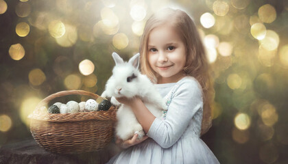  Dziewczynka z króliczkiem, obok pisanki w koszyku. Portret. Wielkanoc, wiosna