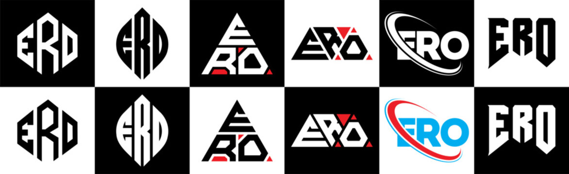 ERO letter logo design in six style. ERO polygon, circle, triangle, hexagon, flat and simple style with black and white color variation letter logo set in one artboard. ERO minimalist and classic logo