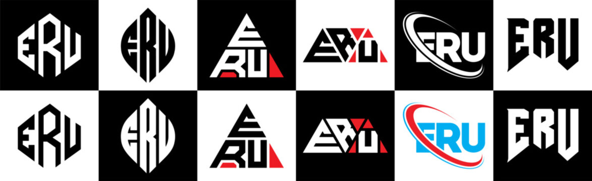 ERU letter logo design in six style. ERU polygon, circle, triangle, hexagon, flat and simple style with black and white color variation letter logo set in one artboard. ERU minimalist and classic logo
