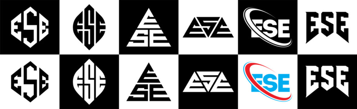 ESE letter logo design in six style. ESE polygon, circle, triangle, hexagon, flat and simple style with black and white color variation letter logo set in one artboard. ESE minimalist and classic logo