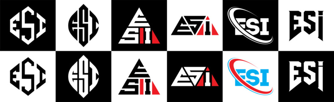 ESI letter logo design in six style. ESI polygon, circle, triangle, hexagon, flat and simple style with black and white color variation letter logo set in one artboard. ESI minimalist and classic logo