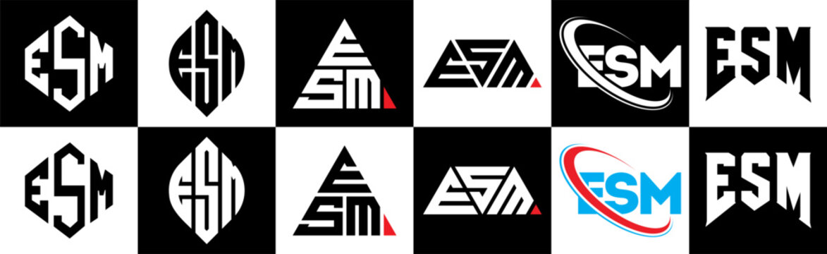 ESM letter logo design in six style. ESM polygon, circle, triangle, hexagon, flat and simple style with black and white color variation letter logo set in one artboard. ESM minimalist and classic logo