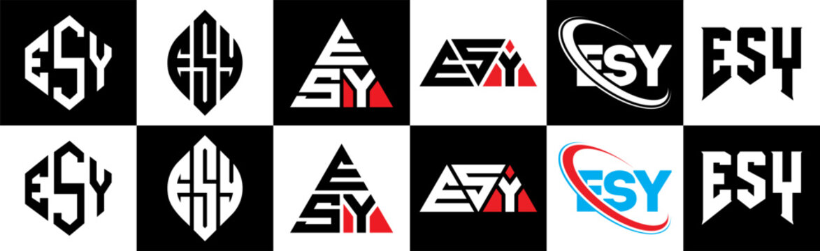 ESY letter logo design in six style. ESY polygon, circle, triangle, hexagon, flat and simple style with black and white color variation letter logo set in one artboard. ESY minimalist and classic logo