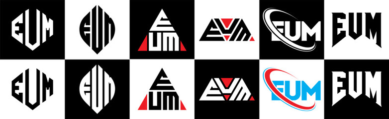 EUM letter logo design in six style. EUM polygon, circle, triangle, hexagon, flat and simple style with black and white color variation letter logo set in one artboard. EUM minimalist and classic logo