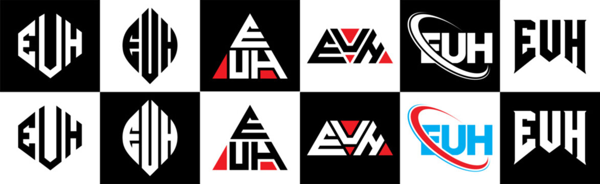 EUH letter logo design in six style. EUH polygon, circle, triangle, hexagon, flat and simple style with black and white color variation letter logo set in one artboard. EUH minimalist and classic logo