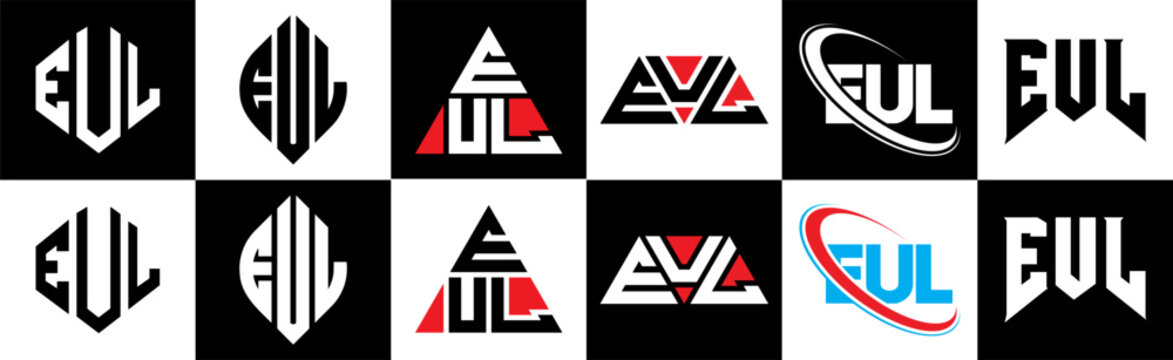 EUL letter logo design in six style. EUL polygon, circle, triangle, hexagon, flat and simple style with black and white color variation letter logo set in one artboard. EUL minimalist and classic logo