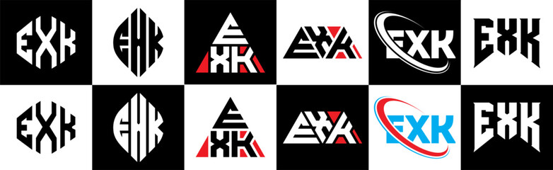 EXK letter logo design in six style. EXK polygon, circle, triangle, hexagon, flat and simple style with black and white color variation letter logo set in one artboard. EXK minimalist and classic logo