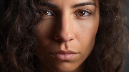 Fototapeta premium Serene Beauty: Close-Up Portrait of a Woman with Curly Hair and a Reflective Expression