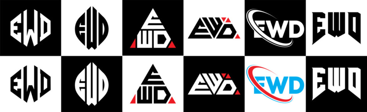EWD letter logo design in six style. EWD polygon, circle, triangle, hexagon, flat and simple style with black and white color variation letter logo set in one artboard. EWD minimalist and classic logo