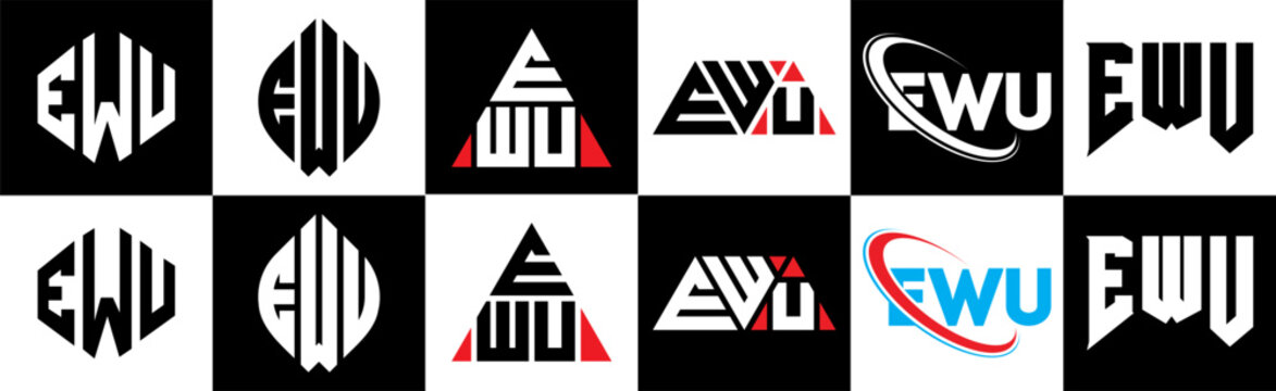 EWU letter logo design in six style. EWU polygon, circle, triangle, hexagon, flat and simple style with black and white color variation letter logo set in one artboard. EWU minimalist and classic logo