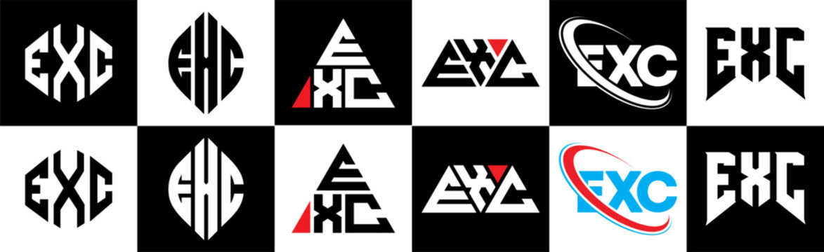 EXC letter logo design in six style. EXC polygon, circle, triangle, hexagon, flat and simple style with black and white color variation letter logo set in one artboard. EXC minimalist and classic logo