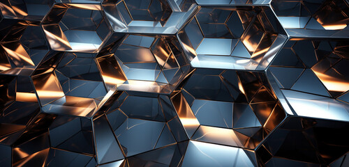Intricately crafted hexagonal metal structures forming an abstract composition, softly lit to emphasize the metallic intricacies and captivating light effects.