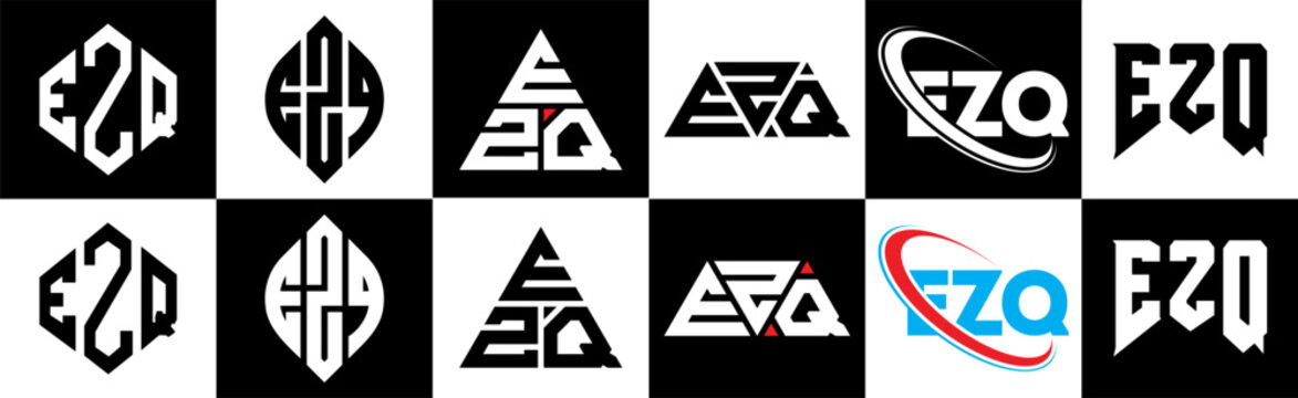 EZQ letter logo design in six style. EZQ polygon, circle, triangle, hexagon, flat and simple style with black and white color variation letter logo set in one artboard. EZQ minimalist and classic logo