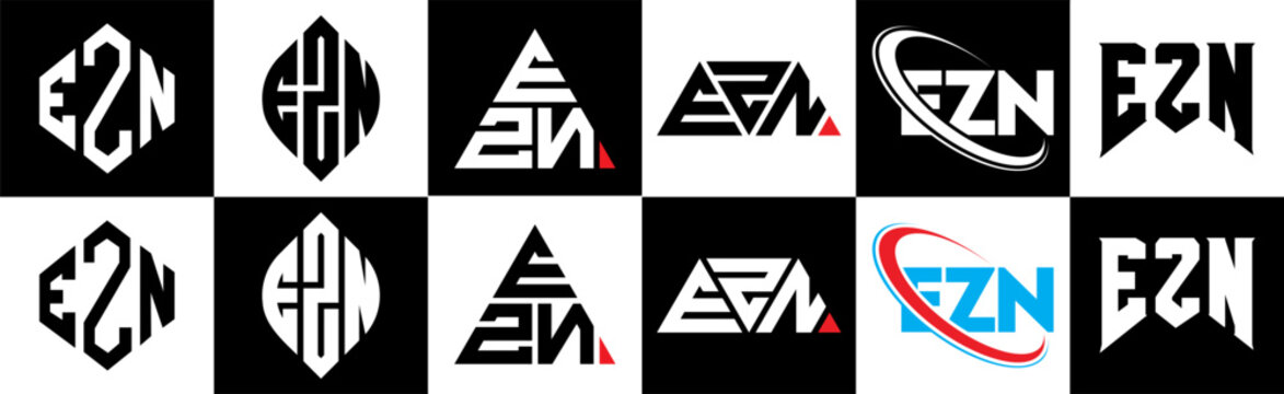EZN letter logo design in six style. EZN polygon, circle, triangle, hexagon, flat and simple style with black and white color variation letter logo set in one artboard. EZN minimalist and classic logo