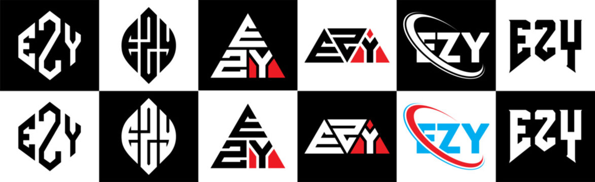 EZY letter logo design in six style. EZY polygon, circle, triangle, hexagon, flat and simple style with black and white color variation letter logo set in one artboard. EZY minimalist and classic logo