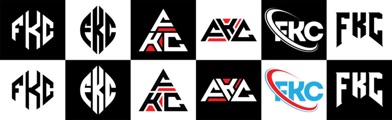 Obraz premium FKC letter logo design in six style. FKC polygon, circle, triangle, hexagon, flat and simple style with black and white color variation letter logo set in one artboard. FKC minimalist and classic logo