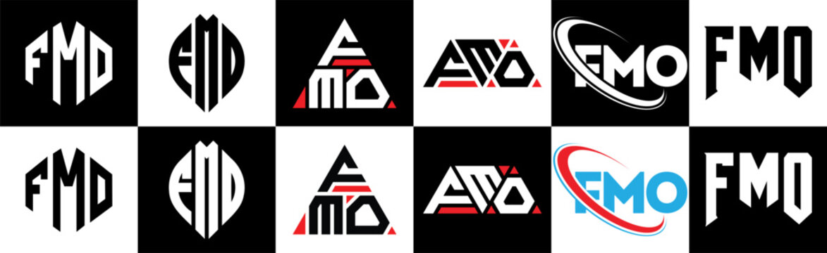 FMO letter logo design in six style. FMO polygon, circle, triangle, hexagon, flat and simple style with black and white color variation letter logo set in one artboard. FMO minimalist and classic logo