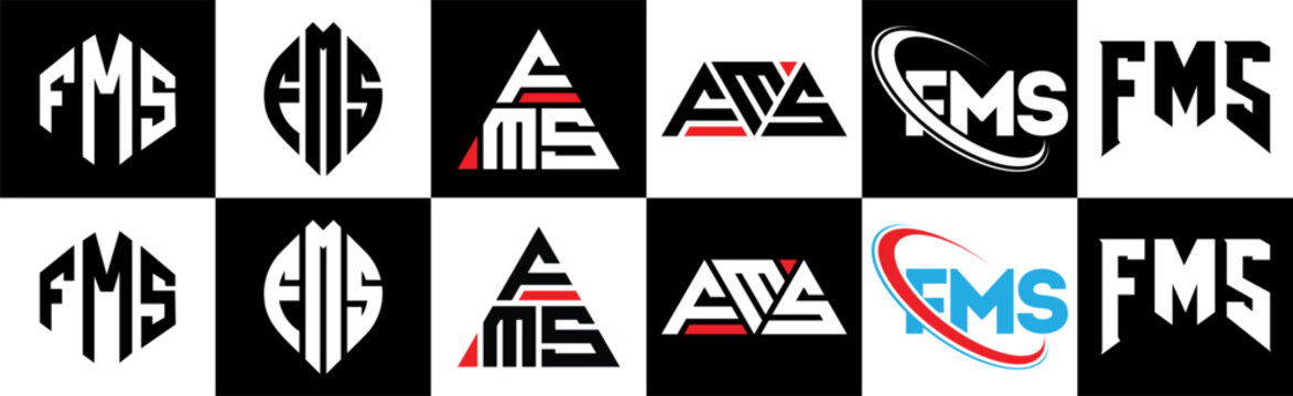 FMS letter logo design in six style. FMS polygon, circle, triangle, hexagon, flat and simple style with black and white color variation letter logo set in one artboard. FMS minimalist and classic logo