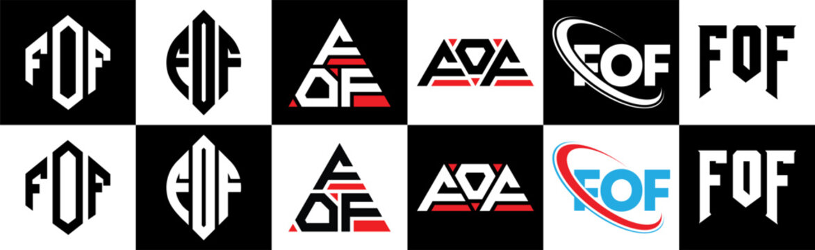 FOF letter logo design in six style. FOF polygon, circle, triangle, hexagon, flat and simple style with black and white color variation letter logo set in one artboard. FOF minimalist and classic logo