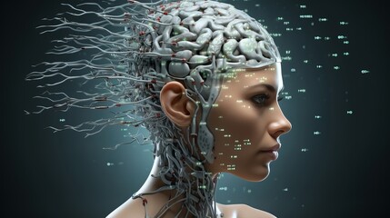 A woman's head is covered in sensors and wires. The use of digital technologies in modern life.