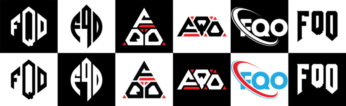FQO letter logo design in six style. FQO polygon, circle, triangle, hexagon, flat and simple style with black and white color variation letter logo set in one artboard. FQO minimalist and classic logo