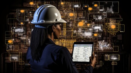 African American woman in a protective helmet with a tablet in her hands. The use of digital technologies in production.