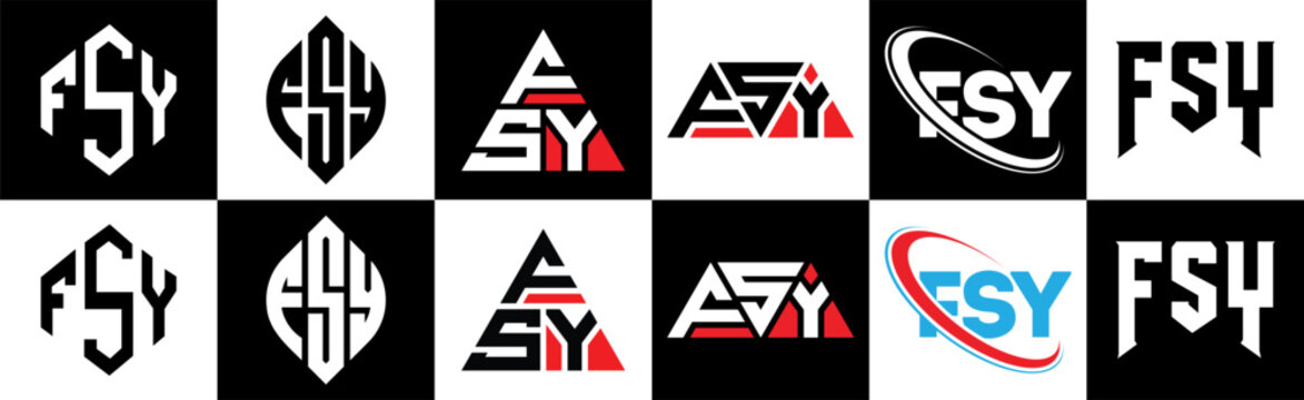 FSY letter logo design in six style. FSY polygon, circle, triangle, hexagon, flat and simple style with black and white color variation letter logo set in one artboard. FSY minimalist and classic logo