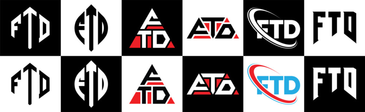 FTD letter logo design in six style. FTD polygon, circle, triangle, hexagon, flat and simple style with black and white color variation letter logo set in one artboard. FTD minimalist and classic logo