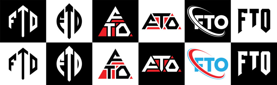 FTO letter logo design in six style. FTO polygon, circle, triangle, hexagon, flat and simple style with black and white color variation letter logo set in one artboard. FTO minimalist and classic logo