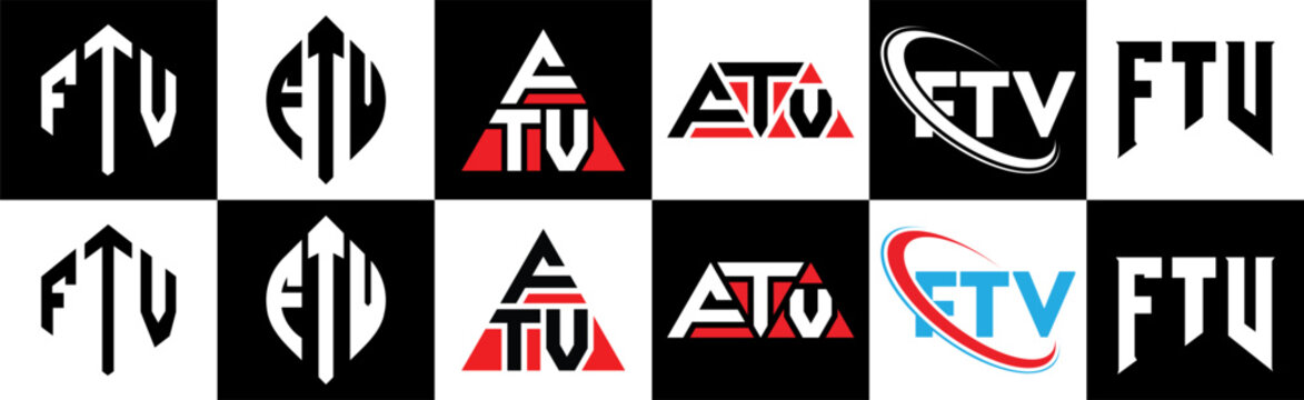 FTV letter logo design in six style. FTV polygon, circle, triangle, hexagon, flat and simple style with black and white color variation letter logo set in one artboard. FTV minimalist and classic logo