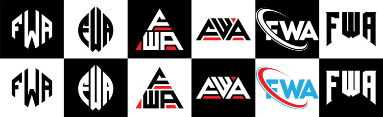 FWA letter logo design in six style. FWA polygon, circle, triangle, hexagon, flat and simple style with black and white color variation letter logo set in one artboard. FWA minimalist and classic logo