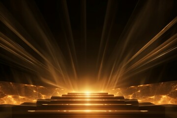 Abstract golden light rays scene with stairs. generative ai.