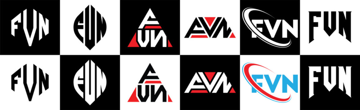 FVN letter logo design in six style. FVN polygon, circle, triangle, hexagon, flat and simple style with black and white color variation letter logo set in one artboard. FVN minimalist and classic logo