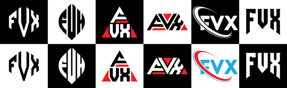 FVX letter logo design in six style. FVX polygon, circle, triangle, hexagon, flat and simple style with black and white color variation letter logo set in one artboard. FVX minimalist and classic logo