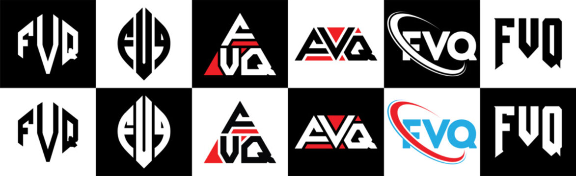 FVQ letter logo design in six style. FVQ polygon, circle, triangle, hexagon, flat and simple style with black and white color variation letter logo set in one artboard. FVQ minimalist and classic logo