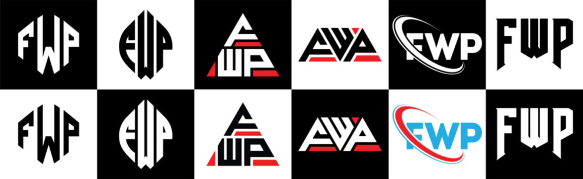 FWP letter logo design in six style. FWP polygon, circle, triangle, hexagon, flat and simple style with black and white color variation letter logo set in one artboard. FWP minimalist and classic logo