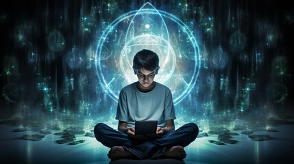 Child, boy uses a tablet computer. The image of digital technologies and artificial intelligence.