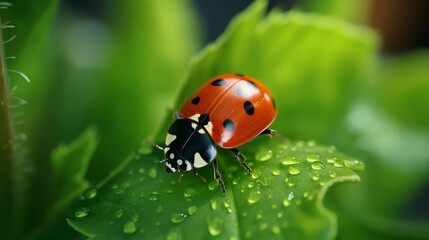 Fototapeta premium Droplets and Wings: A Ladybug's Morning Walk on a Dew-laden Leaf