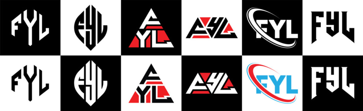 FYL letter logo design in six style. FYL polygon, circle, triangle, hexagon, flat and simple style with black and white color variation letter logo set in one artboard. FYL minimalist and classic logo