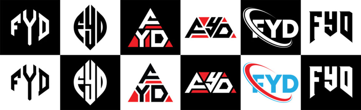 FYD letter logo design in six style. FYD polygon, circle, triangle, hexagon, flat and simple style with black and white color variation letter logo set in one artboard. FYD minimalist and classic logo