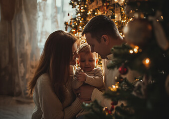 Photo family with little daughter together by the christmas tree, daylight