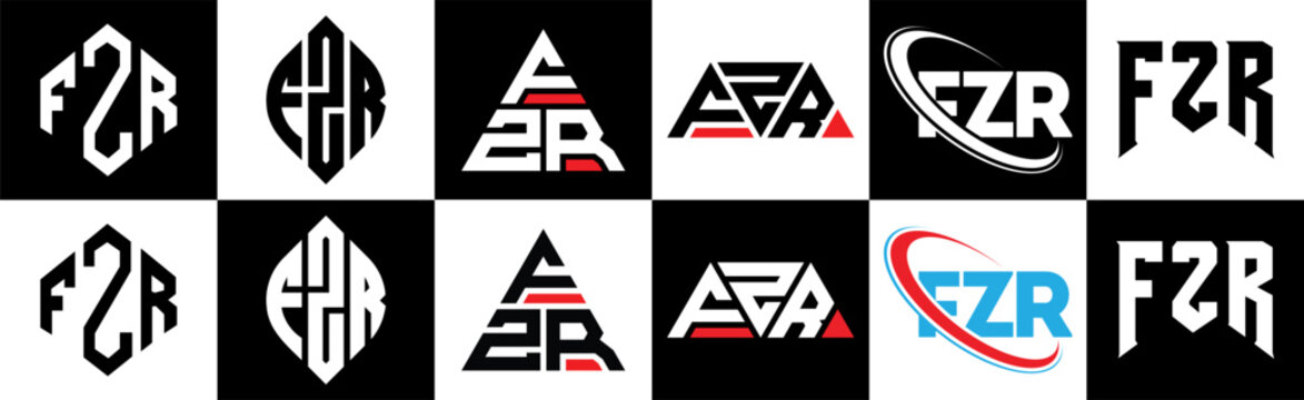 FZR letter logo design in six style. FZR polygon, circle, triangle, hexagon, flat and simple style with black and white color variation letter logo set in one artboard. FZR minimalist and classic logo