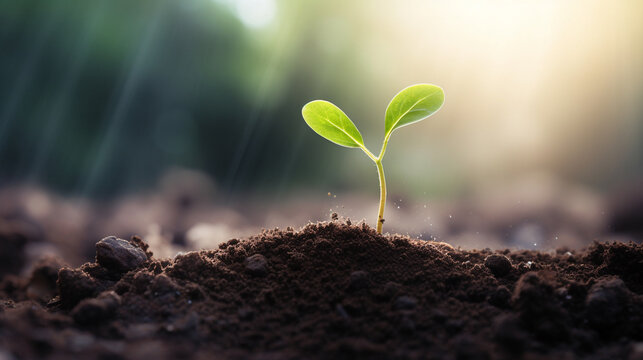 A green plant growing in good soil. Young sprouts, seedlings grow.Generative AI